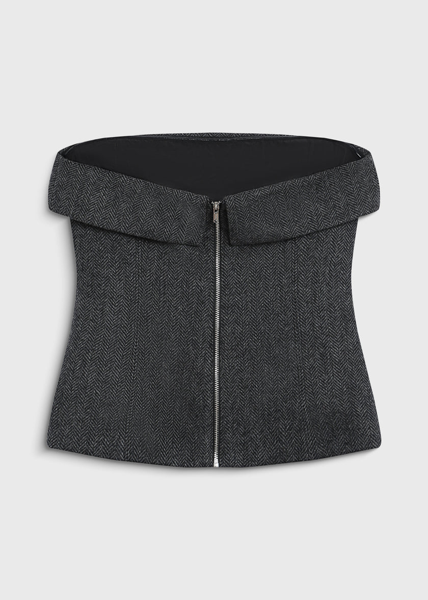 Concorde Bustier Top in Cinder Herringbone Wool Blend. Fitted and structured, ideal for elevated evening events.