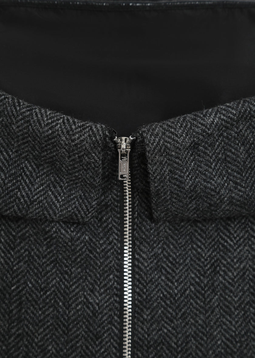 Cinder herringbone wool blend Concorde bustier top, showcasing the silver zipper and material detail