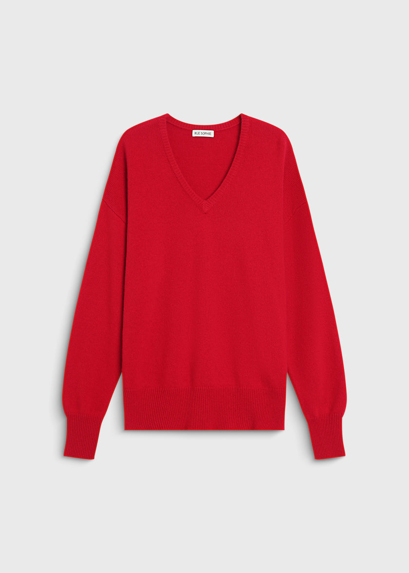 Ruesophie Coquelicot red V-neck wool-cashmere sweater, perfect for fall layering.