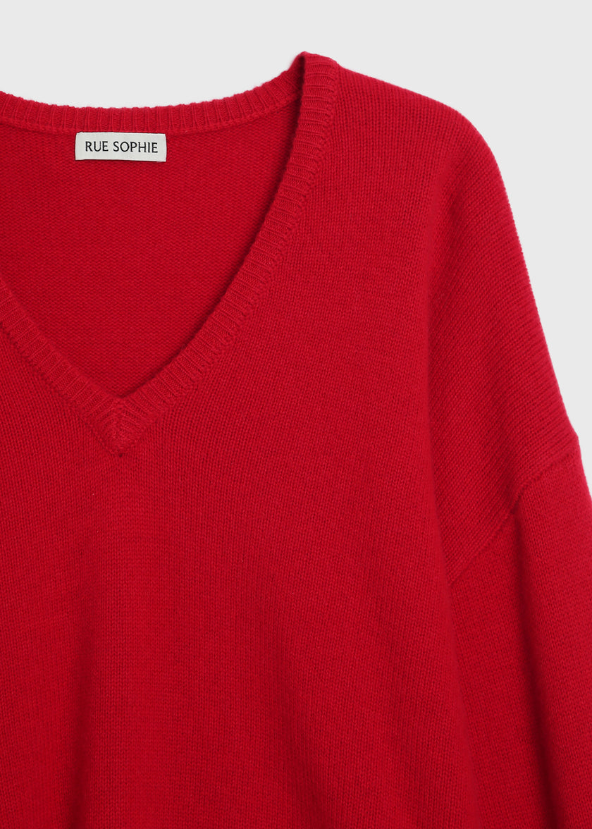 Rouge red Coquelicot V Neck Sweater by Rue Sophie. Wool-cashmere, V-neck, loose fit, perfect for layering.