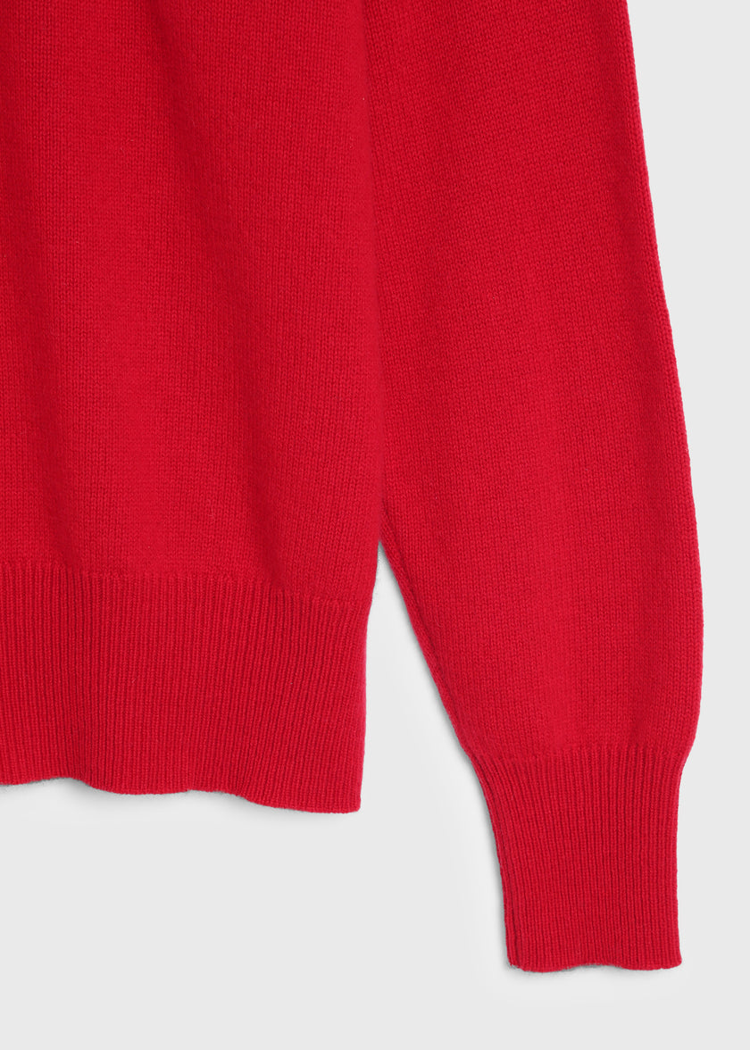 Rouge red wool-cashmere Coquelicot V Neck Sweater, detail of ribbed cuff and hem, v-neck, and loose fit