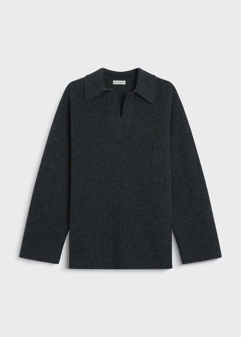 Dark grey wool-cashmere Crémieux Boxy Polo Sweater by Rue Sophie, ribbed knit detail