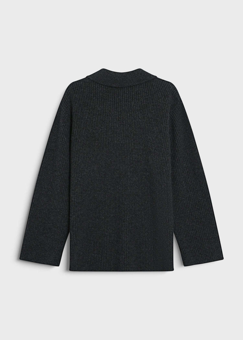 Dark grey wool-cashmere blend Crémieux Boxy Polo Sweater, ribbed knit texture