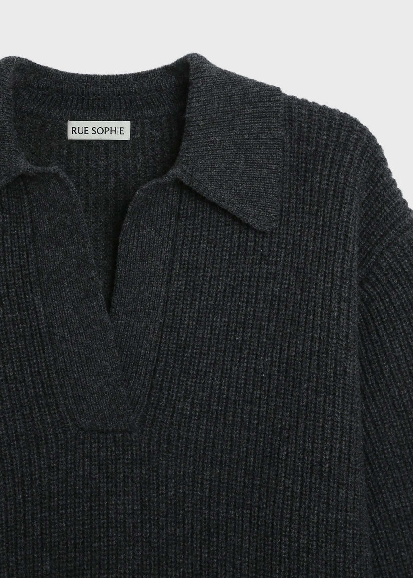 Dark grey wool-cashmere blend Crémieux Boxy Polo Sweater by Rue Sophie, ribbed knit detail