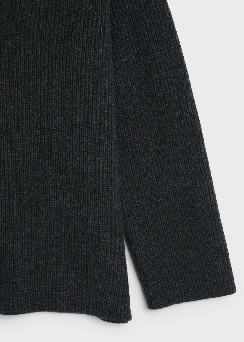 Dark grey wool-cashmere Crémieux Boxy Polo Sweater, ribbed knit detail