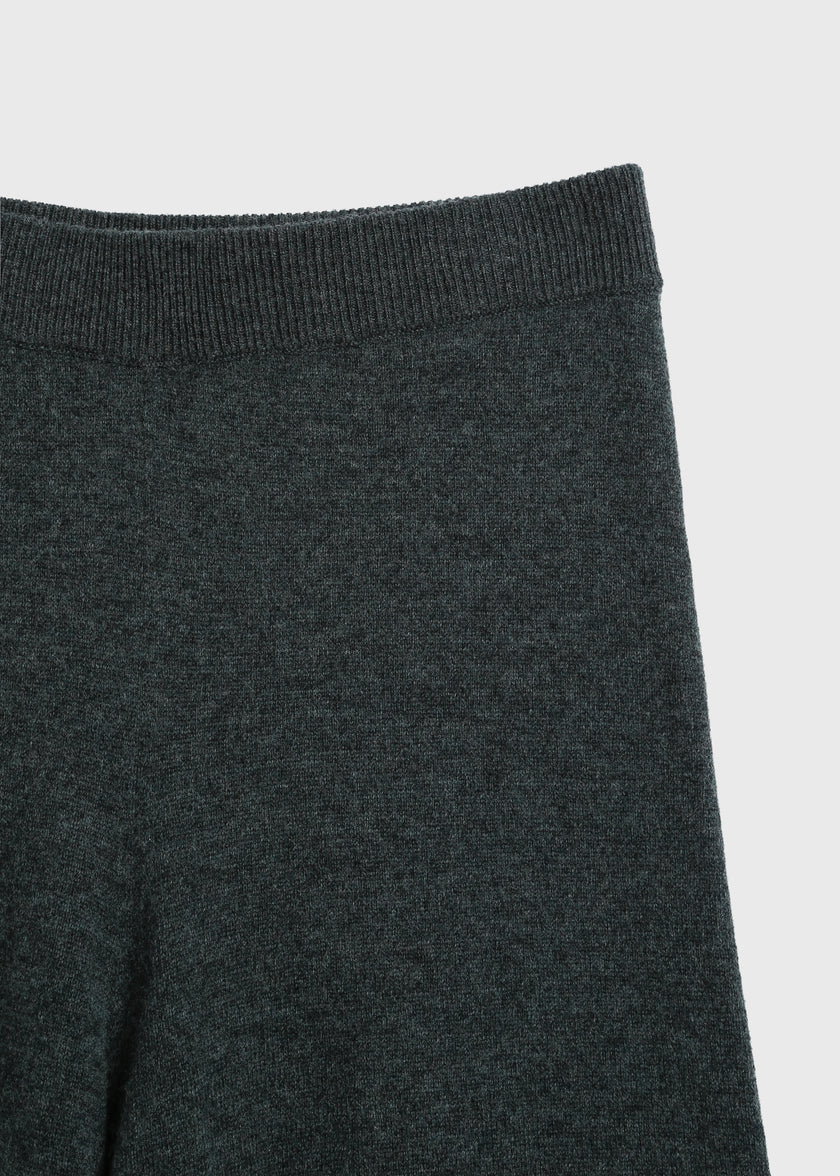 Close-up of Topaz Denis Wide Leg Sweater Pant in wool-cashmere, showcasing the knit texture and charcoal grey color.