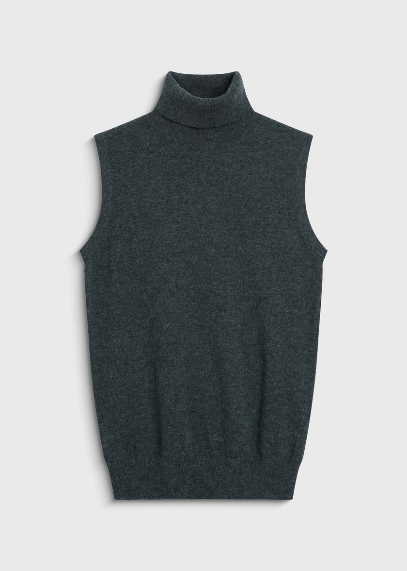 Denis S/L Turtleneck Knit Top in forest green, wool-cashmere blend. Slim fit sleeveless turtleneck sweater.