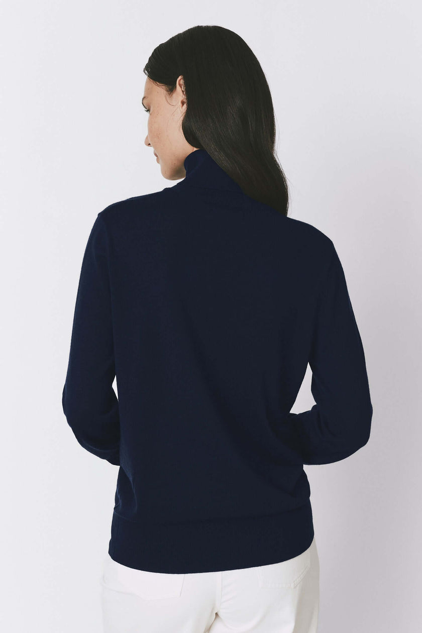 Navy blue Dion Wool & Silk Sweater, lightweight turtleneck. Wool and silk blend.