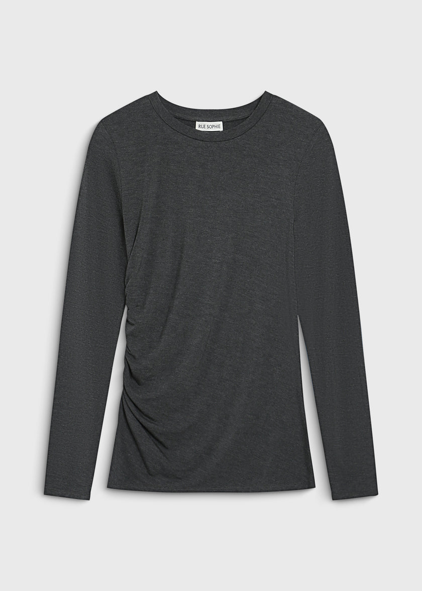 Cinder Du-Jour Ruched Top in dark grey rayon blend fabric with side ruching, by Rue Sophie