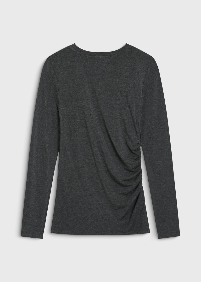 Cinder Du-Jour Ruched Top in dark grey rayon blend, featuring side ruching and long sleeves