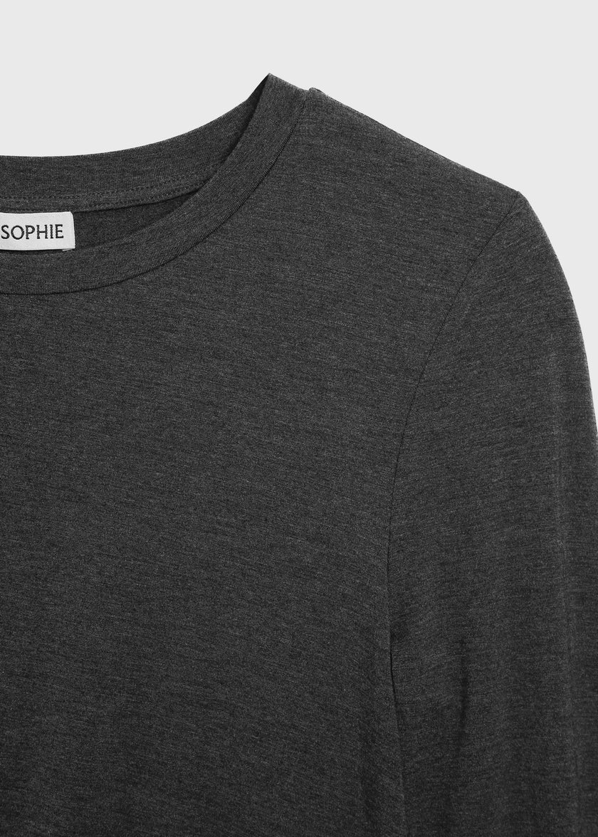 Cinder Du-Jour Ruched Top in dark grey rayon blend, Rue Sophie label visible, close-up