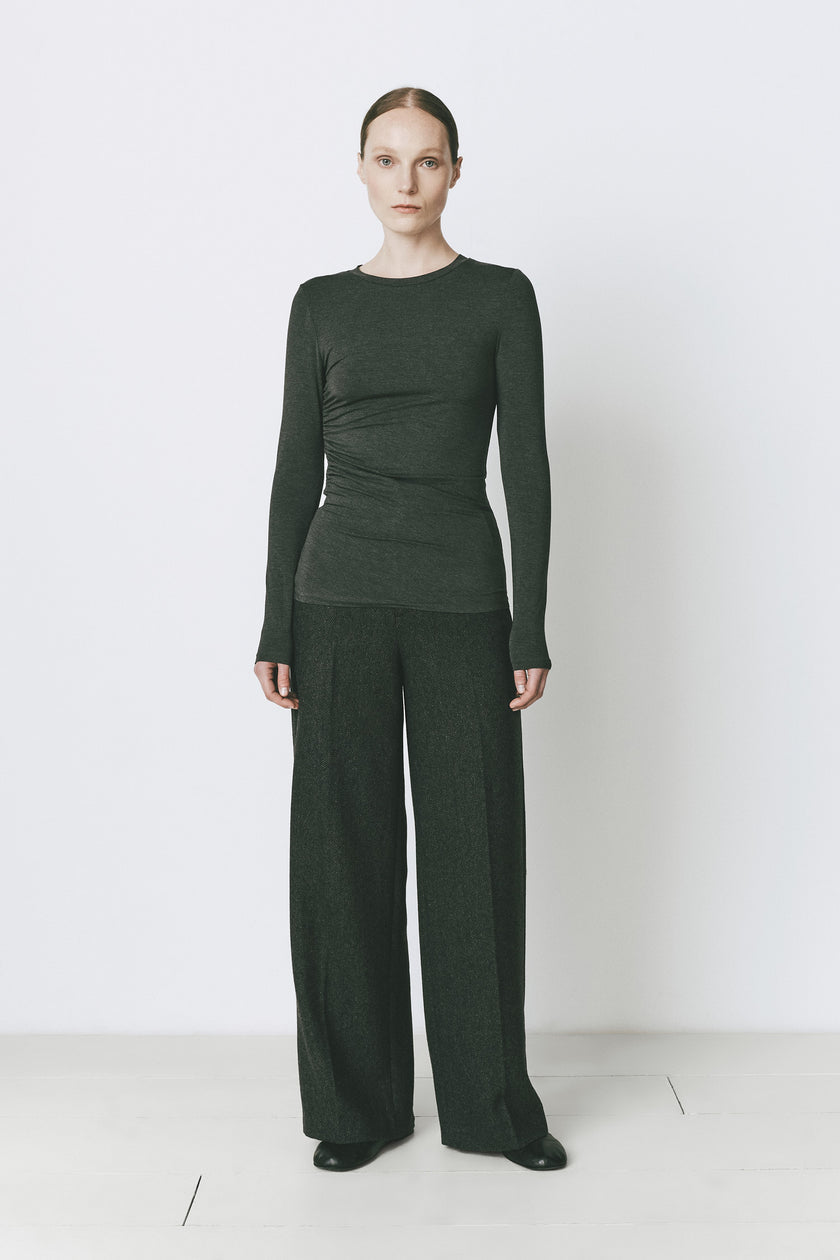 Rue Sophie Du-Jour Ruched Top and Wide-leg Trousers in dark grey rayon blend, modern and stylish outfit.