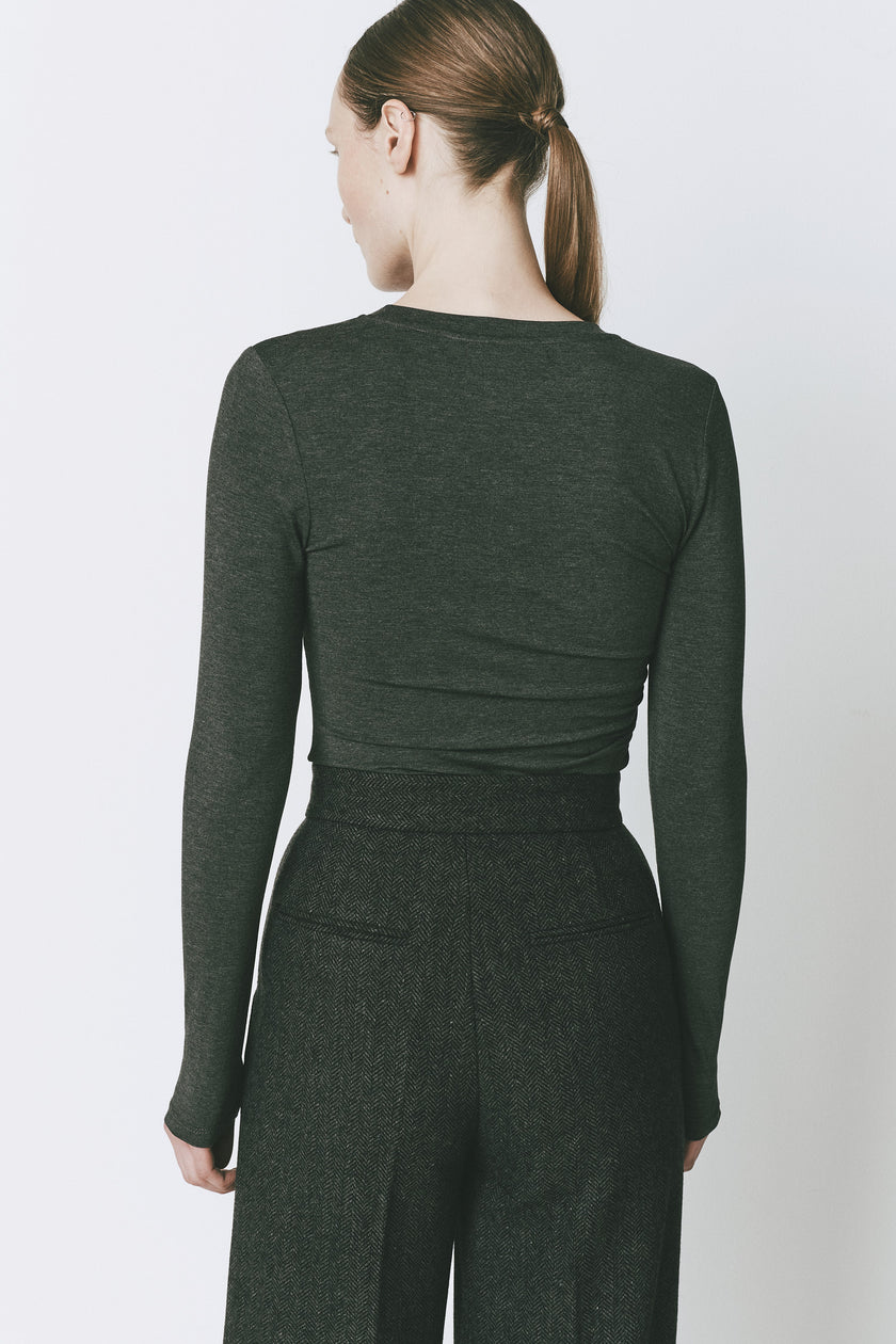 Cinder Du-Jour Ruched Top in dark grey rayon blend, back view