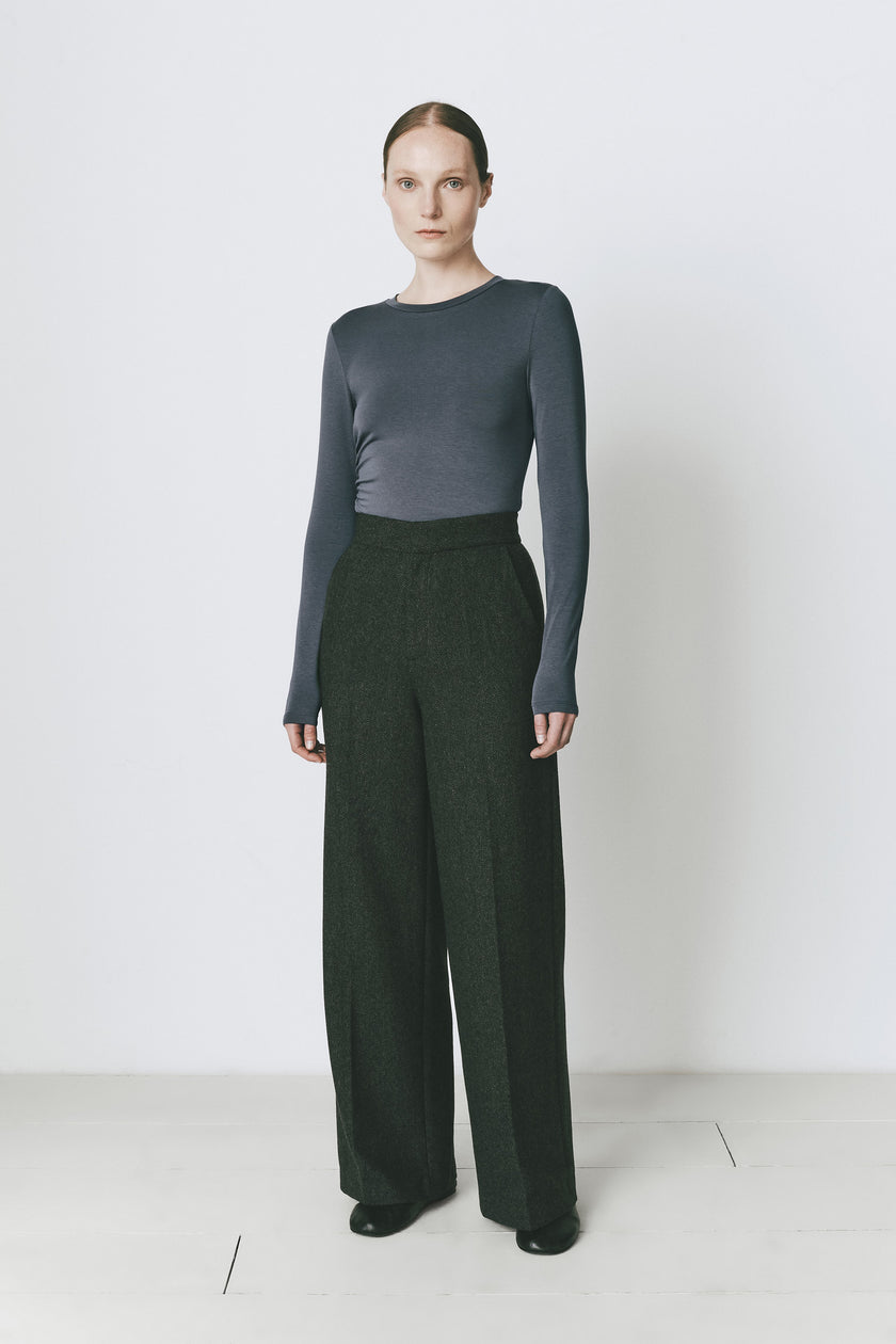Ruesophie Du-Jour Top in Topaz Blue with Dark Green Wide Leg Trousers - Slim Fit Outfit