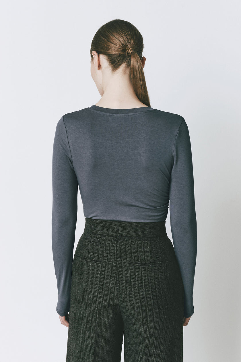Ruesophie charcoal grey ruched top with dark green herringbone trousers - slim fit outfit