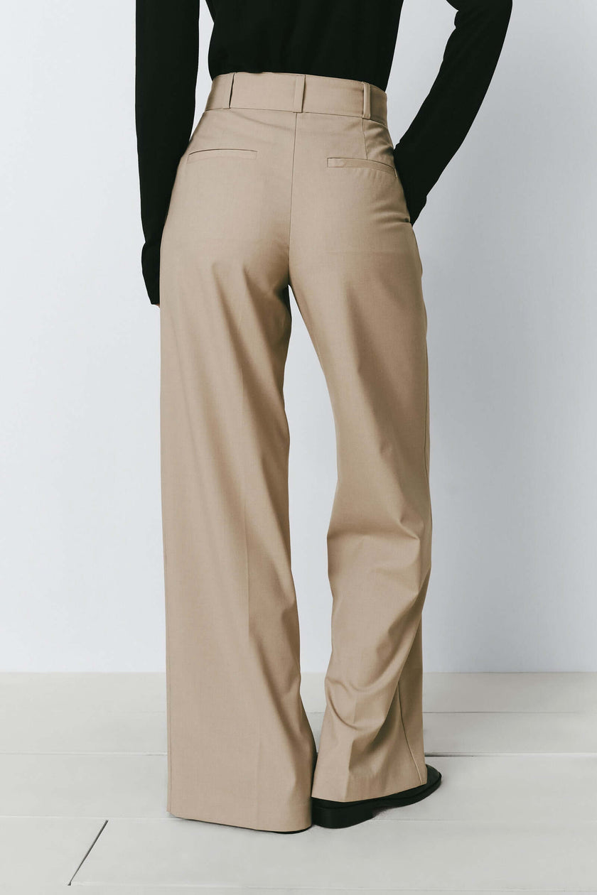 Beige Eléonore Belted Pant with Pleats, Tailored Trousers