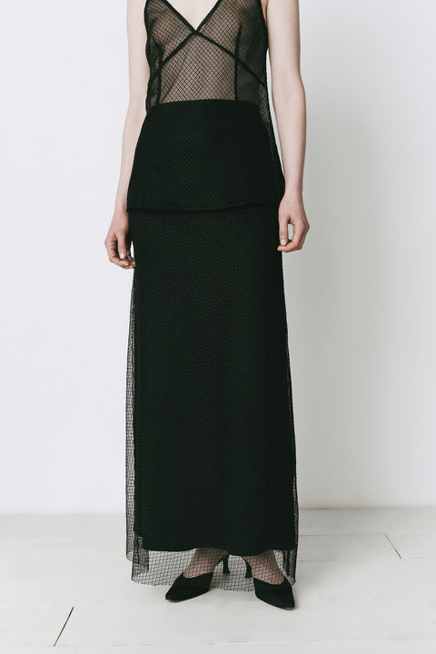 Black mesh maxi skirt, elegant and flowy. Perfect for fall layering or evening style. True-to-size fit.
