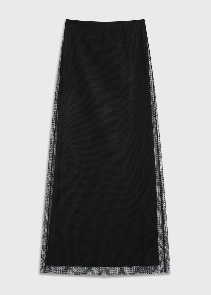 Rue Sophie Espoir Mesh Skirt in black, sheer maxi skirt for layering and evening style.
