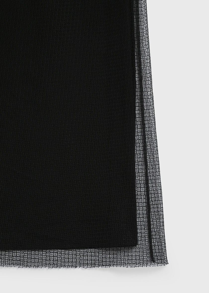 Black Espoir Mesh Skirt detail, sheer maxi skirt for layering
