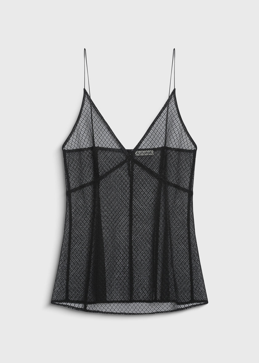 Black Espoir Mesh Sheer Top, polyester sheer mesh with a V-neckline and spaghetti straps. Versatile for layering.