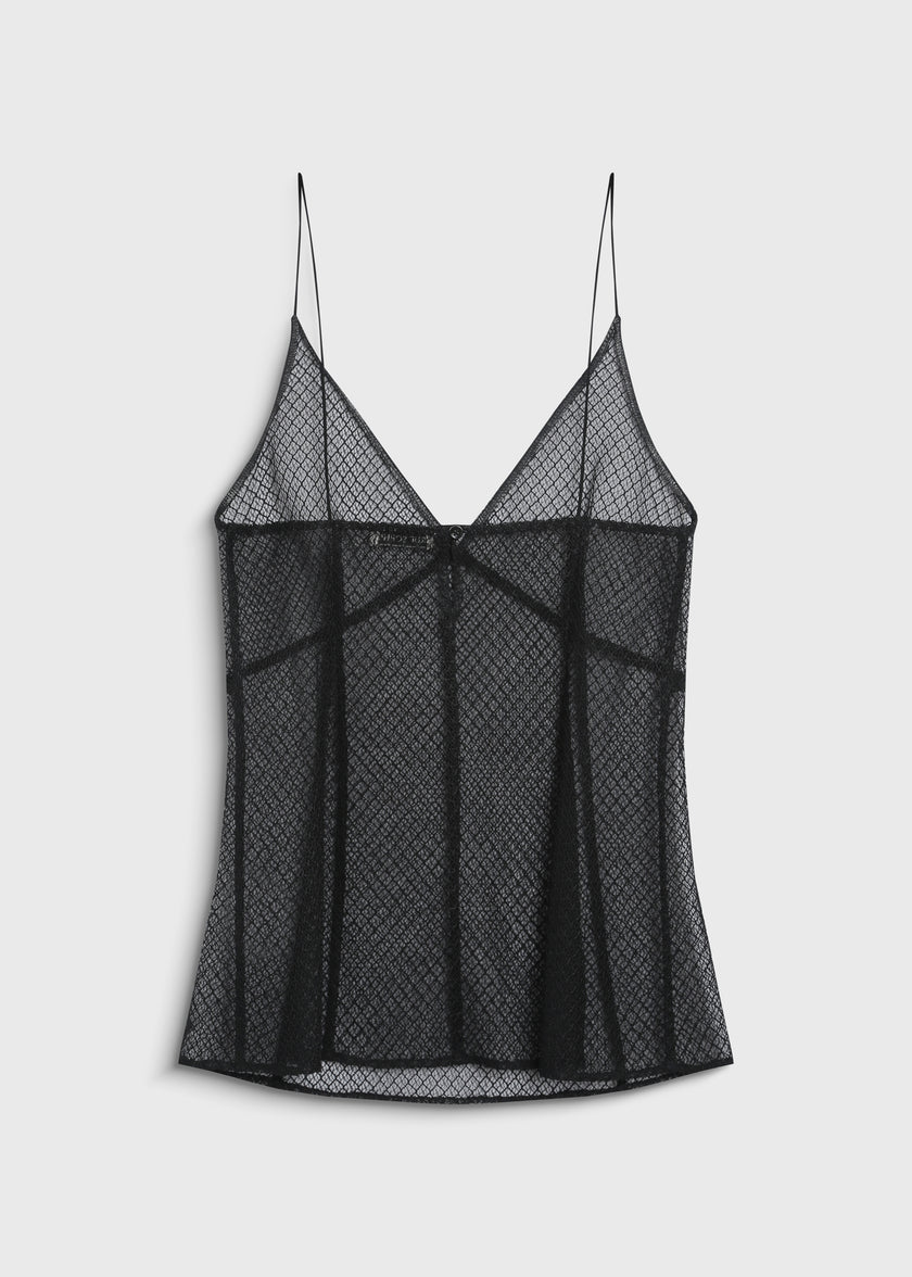 Black Espoir Mesh Sheer Top with spaghetti straps, sheer polyester mesh