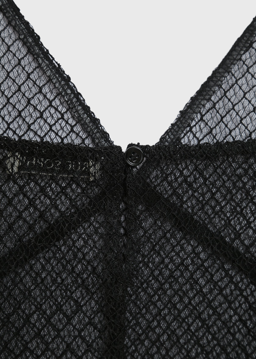 Ruesophie Espoir Mesh Top in Black, featuring a V-neck design with button detail, Polyester material for fall layering.