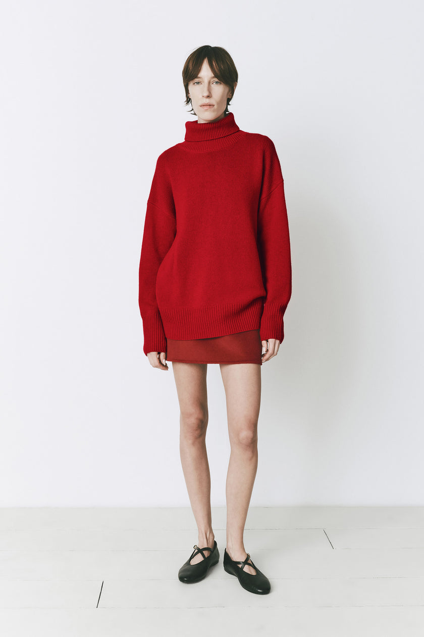 Rouge red wool-cashmere blend turtleneck sweater from Ruesophie, minimalist design for fall and winter