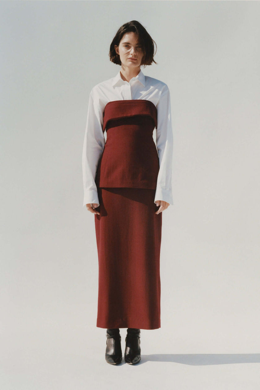 Bordeaux wool blend pencil skirt and top with white shirt and black boots - Ruesophie