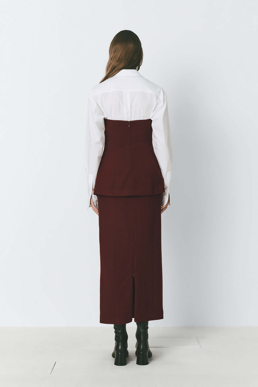 Burgundy wool blend bandeau top and skirt set, Rue Sophie, with white shirt and black boots