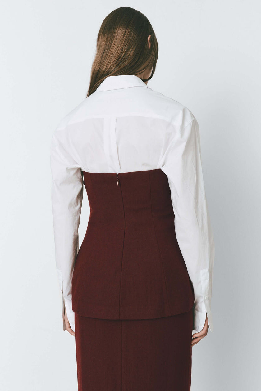 Burgundy wool blend corset top and skirt set with white shirt, Rue Sophie