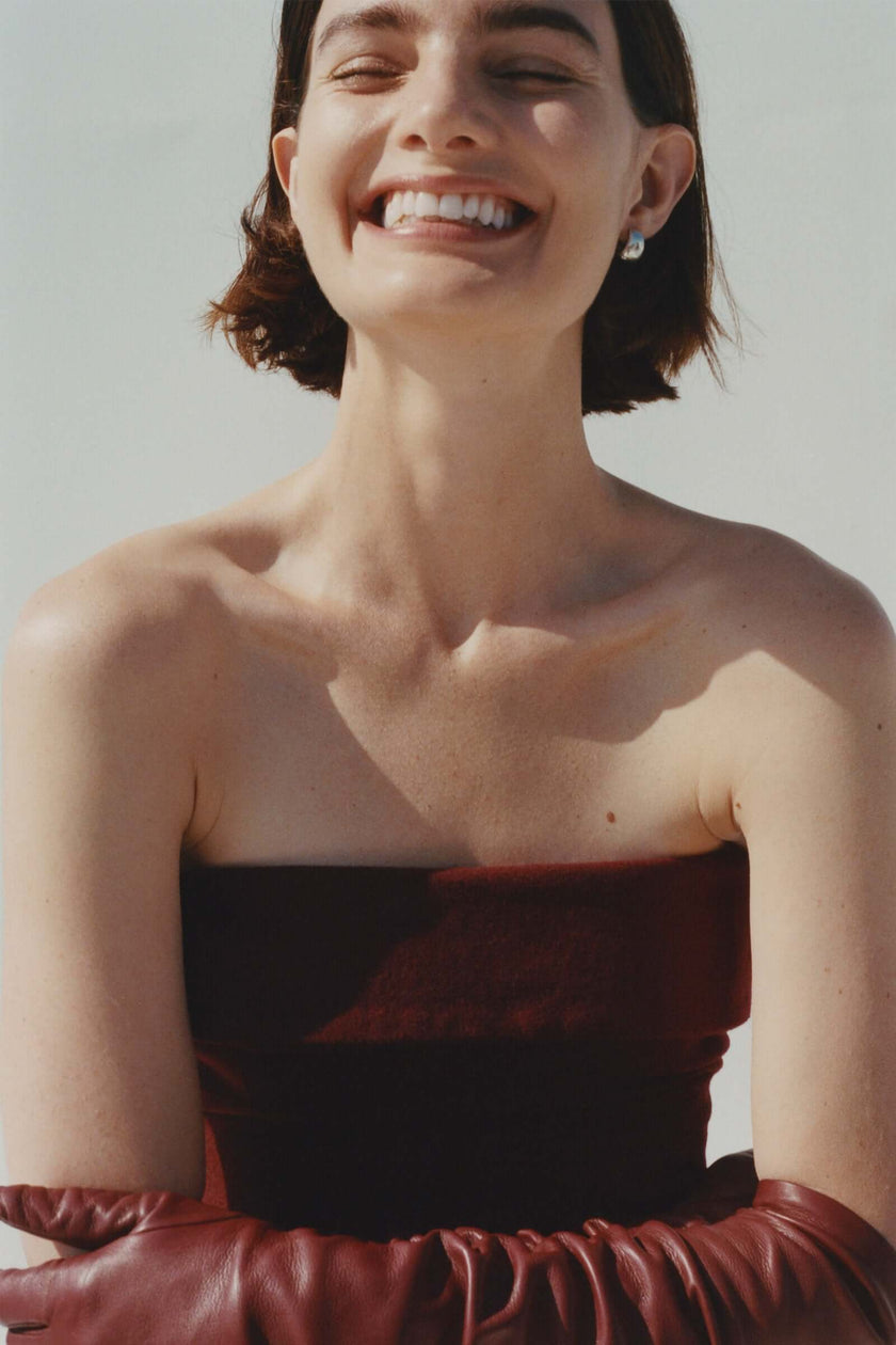 Burgundy wool blend foldover bandeau top, Rue Sophie, smiling woman