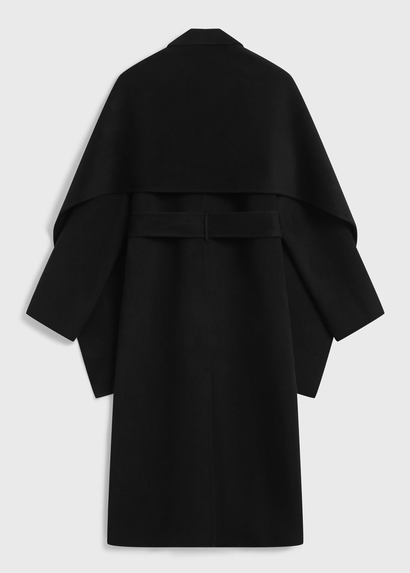 Black Grand Scarf Coat back view, oversized wool-cashmere outerwear with detachable scarf detail
