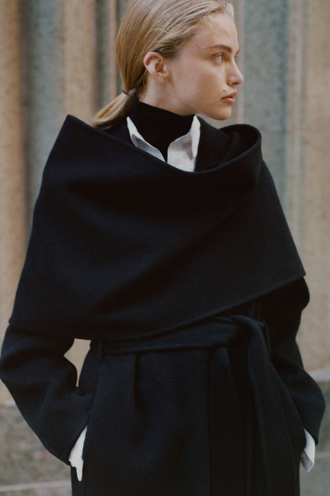 Black wool-cashmere Grand Scarf Coat with oversized scarf detail, perfect for winter.