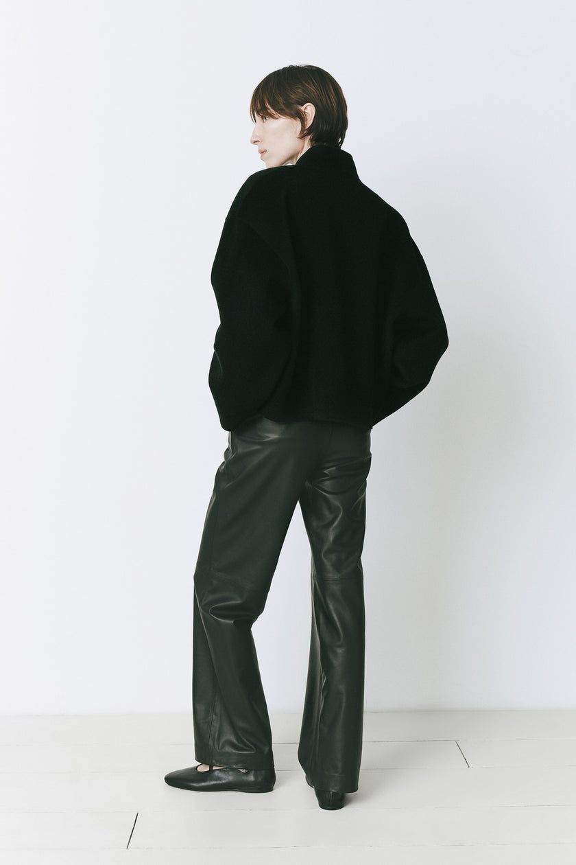 Black wool-cashmere Jaurès Shawl Collar Jacket with leather pants, refined fall look