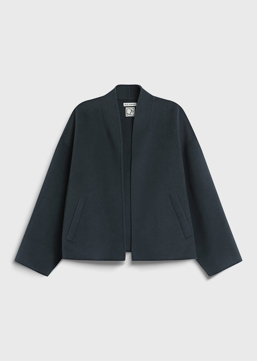 Topaz blue wool-cashmere Jaurès Shawl Collar Jacket, open-front design from Rue Sophie, with a relaxed fit.