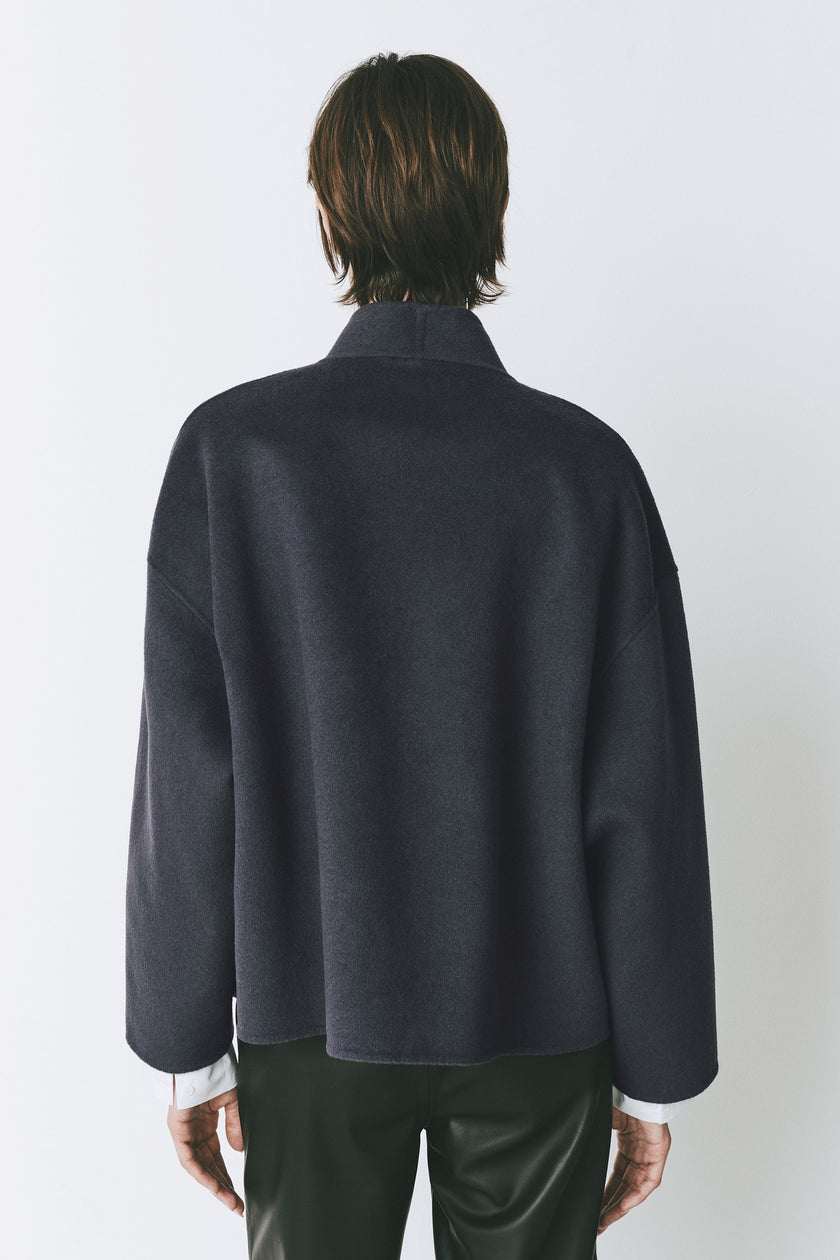 Ruesophie Topaz blue wool-cashmere Jaurès Shawl Collar Jacket, oversized fit, back view, perfect for layering
