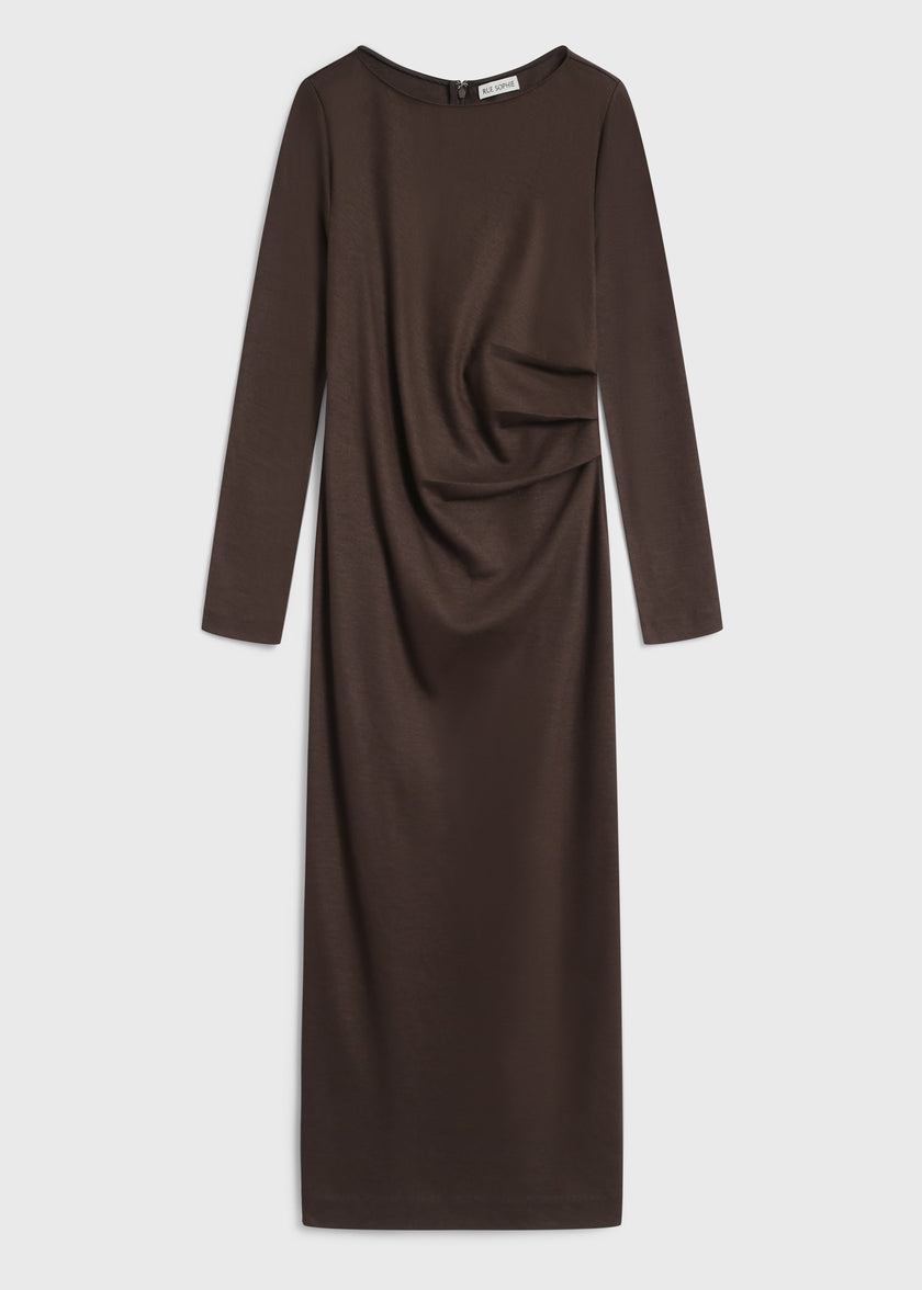 Lenoir Midi Dress in russet wool blend, elegant design with back zip by RUE SOPHIE, perfect for fall