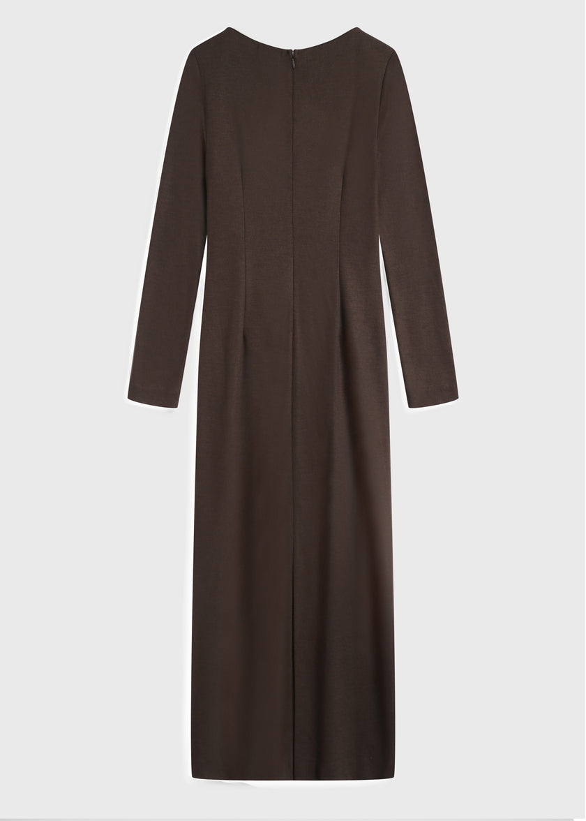 Russet wool blend Lenoir Midi Dress, back view, long sleeves, minimalist design, back zip, fall fashion