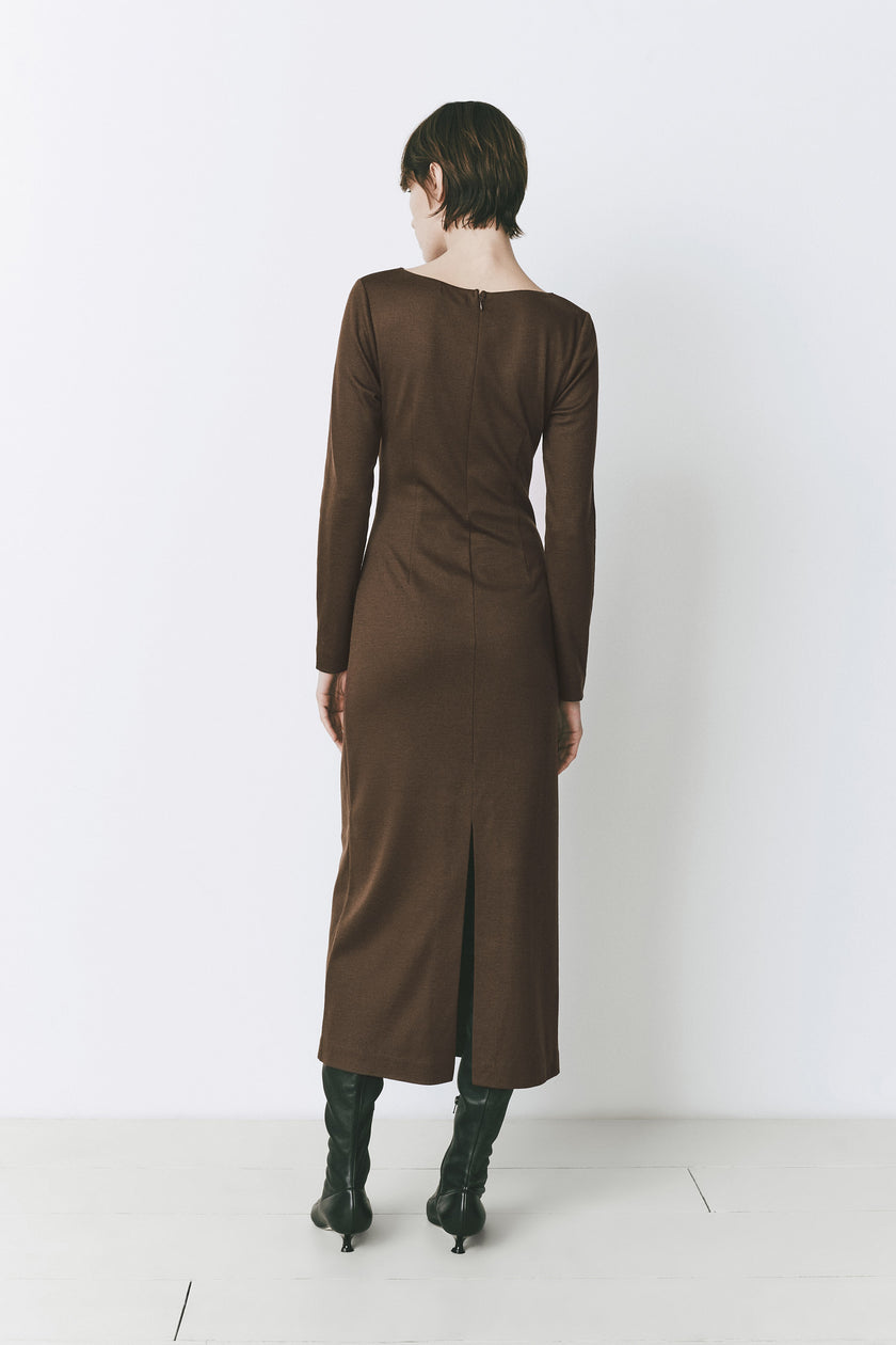 Russet wool blend midi dress with long sleeves, minimalist design, ideal for fall