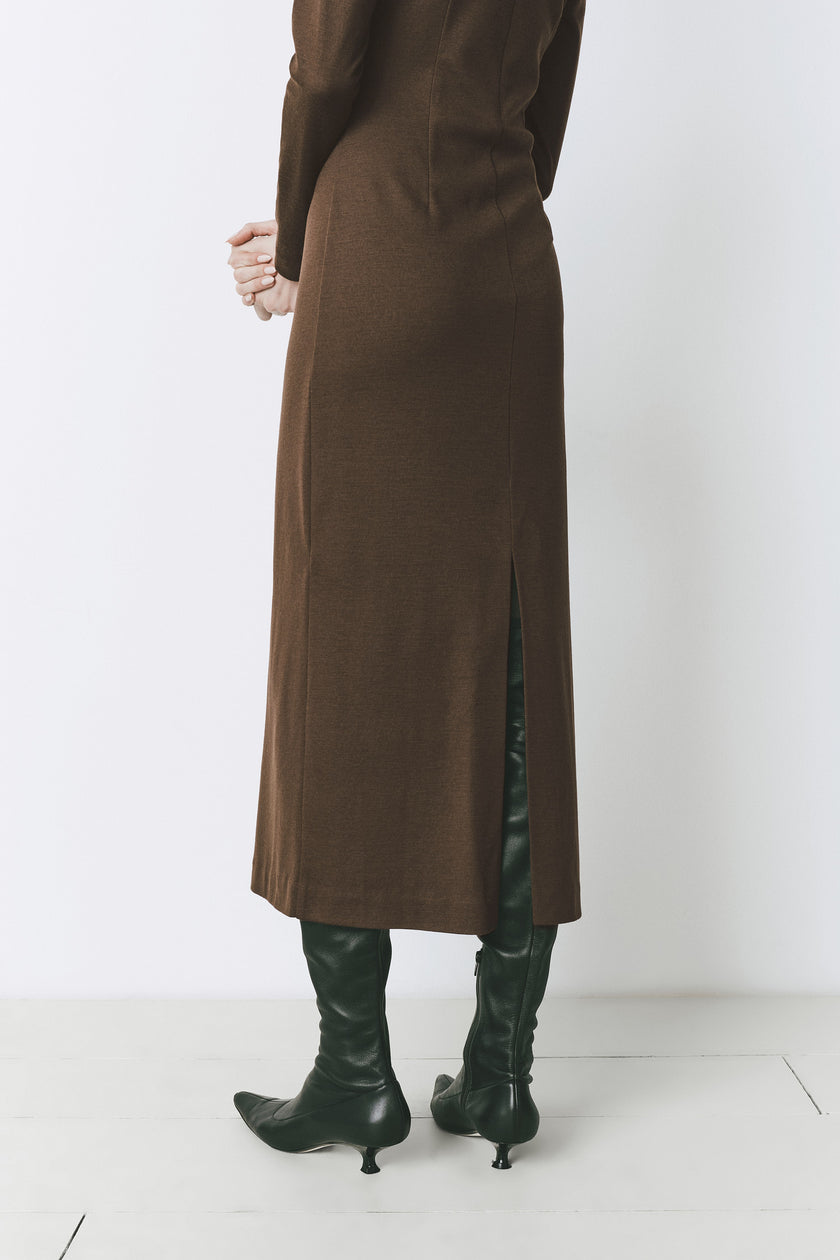 Russet wool blend Lenoir midi dress with dark green leather boots, elegant fall fashion