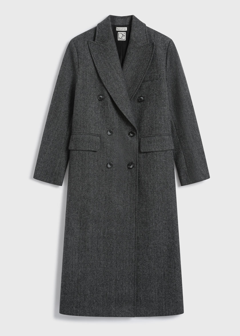 Léonard Herringbone Coat in dark grey wool, double-breasted with oversized lapel - Rue Sophie