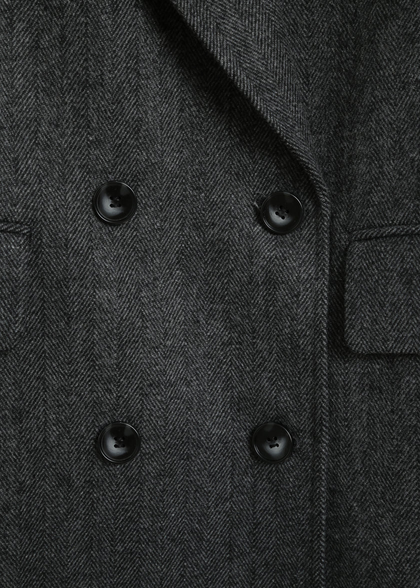 Ruesophie Léonard Herringbone Coat detail: charcoal wool double-breasted coat