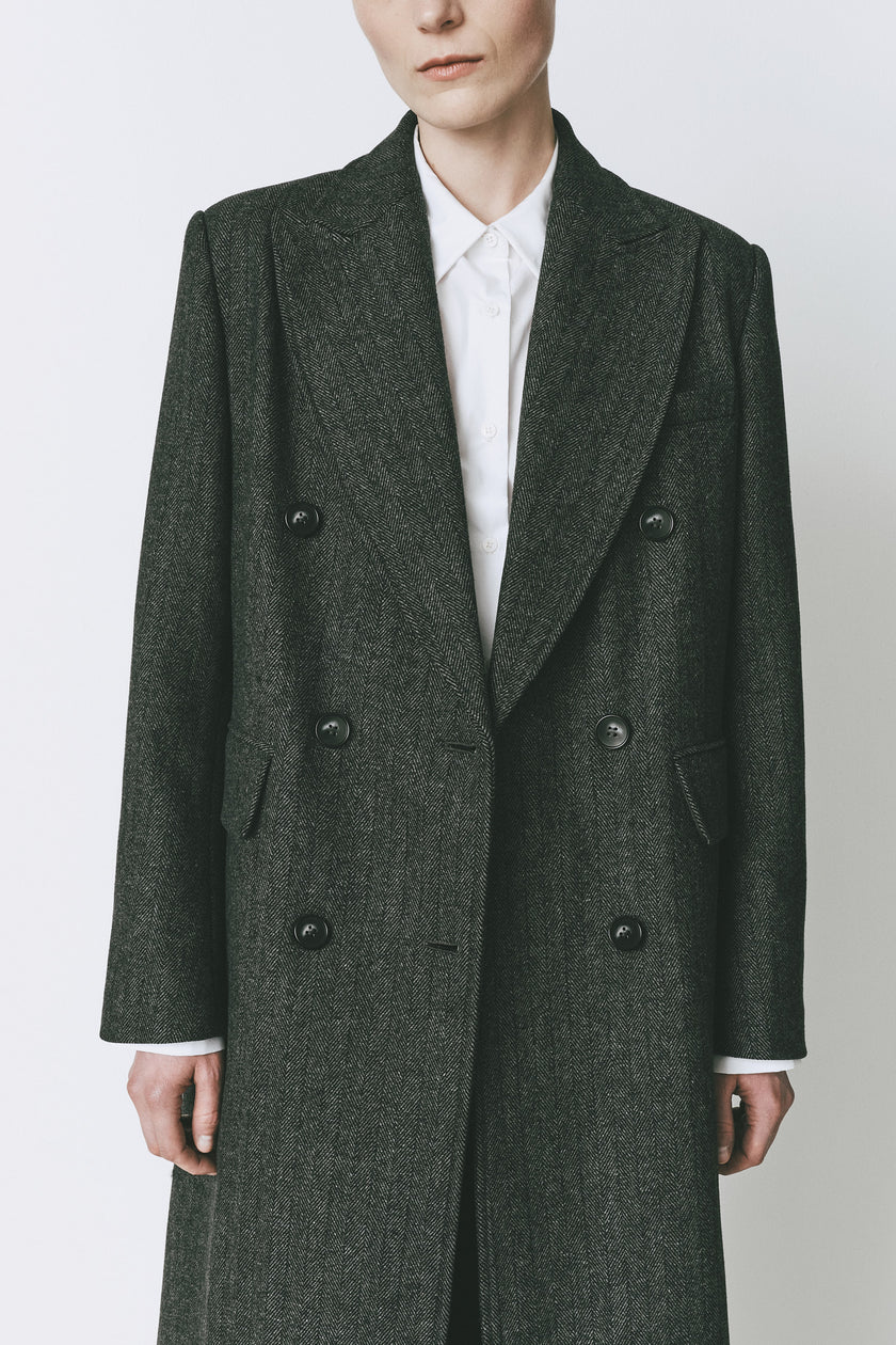Léonard Herringbone Coat in Cinder Wool, double-breasted with oversized lapel
