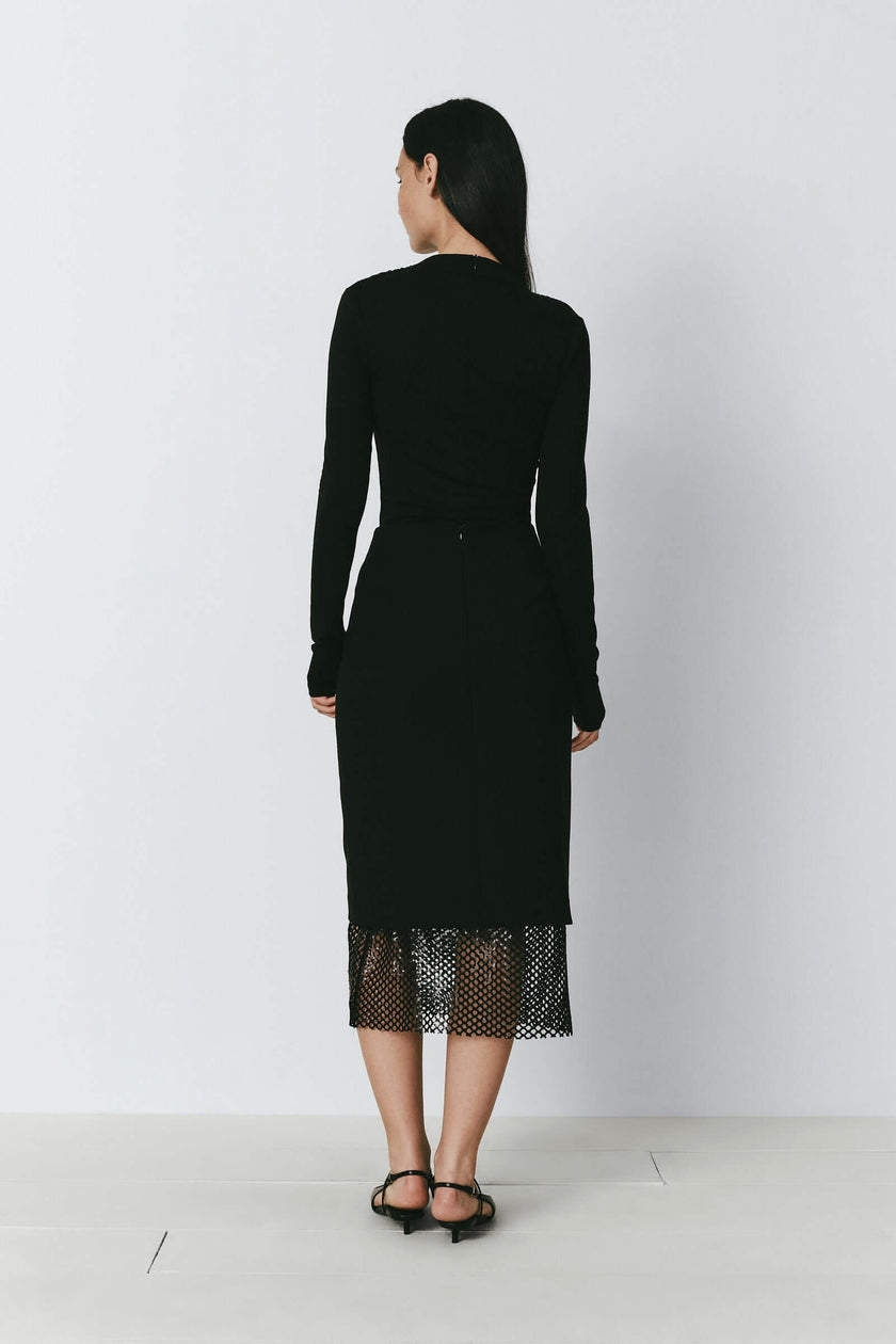 Black Liane Modal Knit Top, midi dress with long sleeves and net hem detail