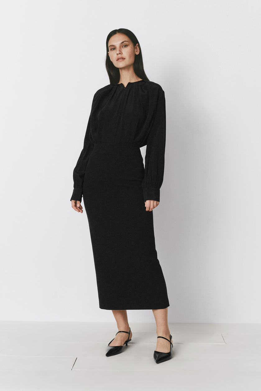 Lucille Silk Top in Black, Lightweight, draped silhouette, long sleeves, made with silk