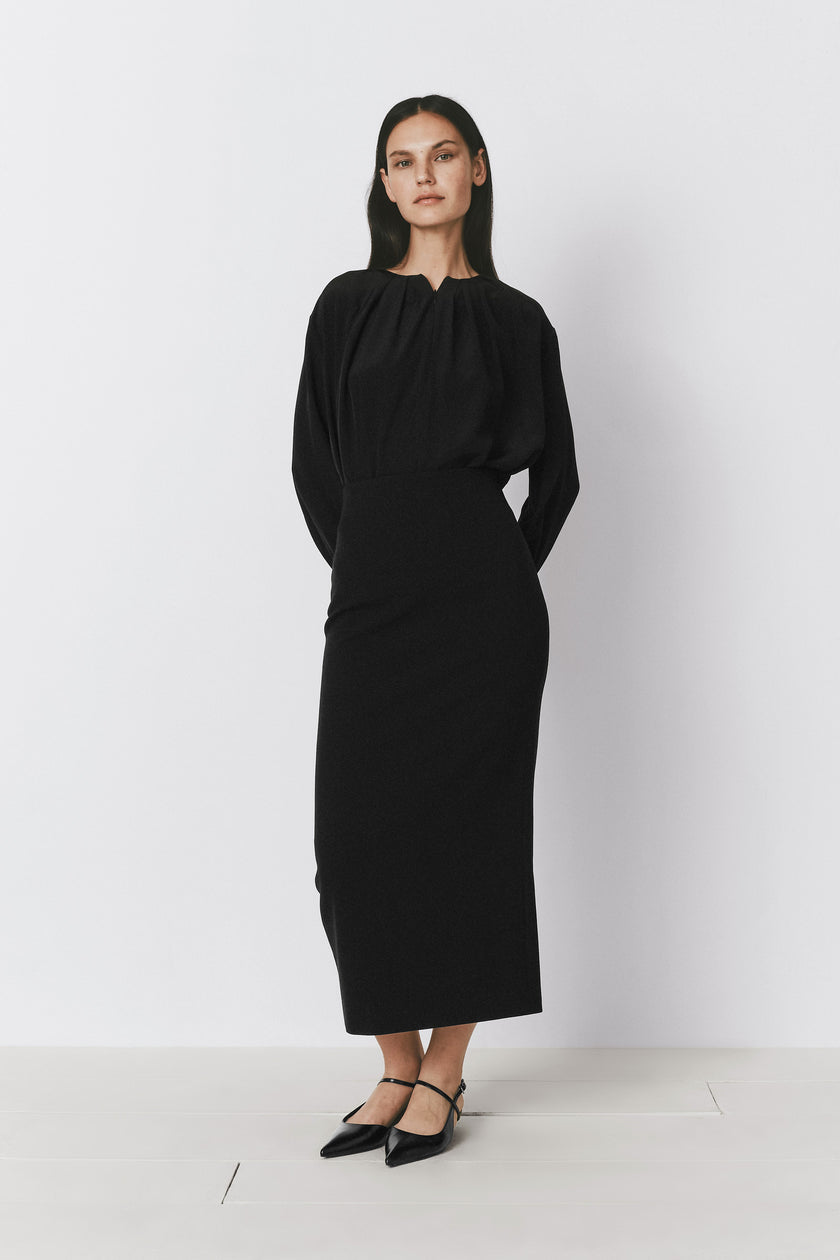 Lucille Silk Top black dress, elegant long sleeve midi dress with classic tailoring