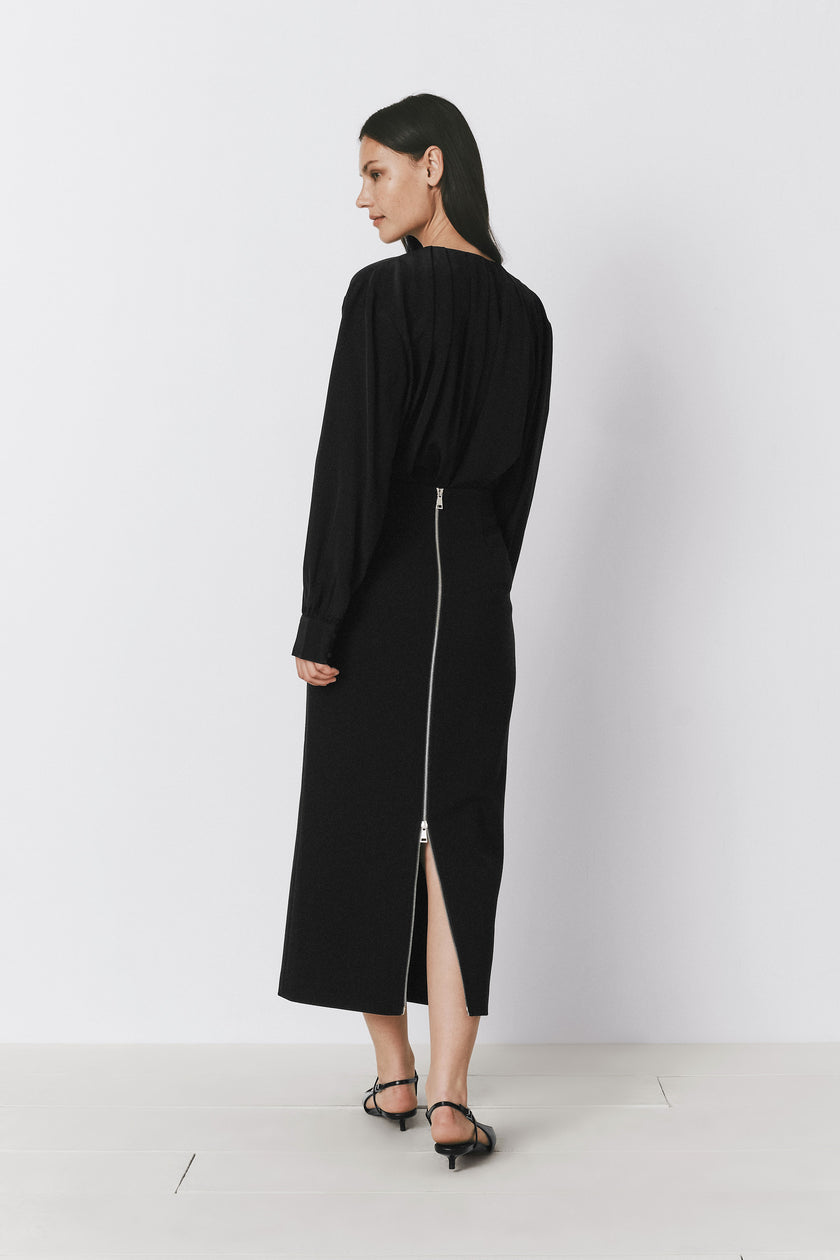 Black silk midi dress with long sleeves and a back zipper, Rue Sophie Lucille Silk Top