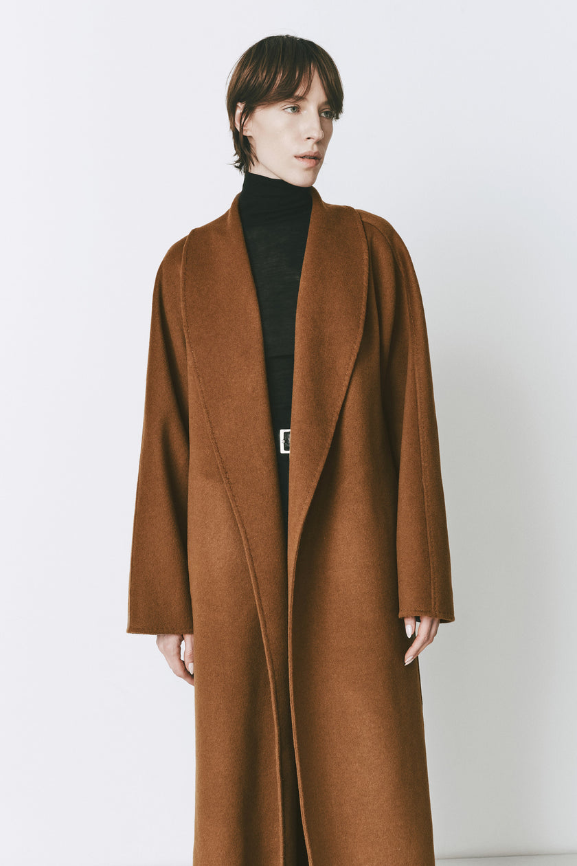 Rue Sophie Manteaux Robe Coat in tobacco wool-cashmere, oversized fit, mid-length