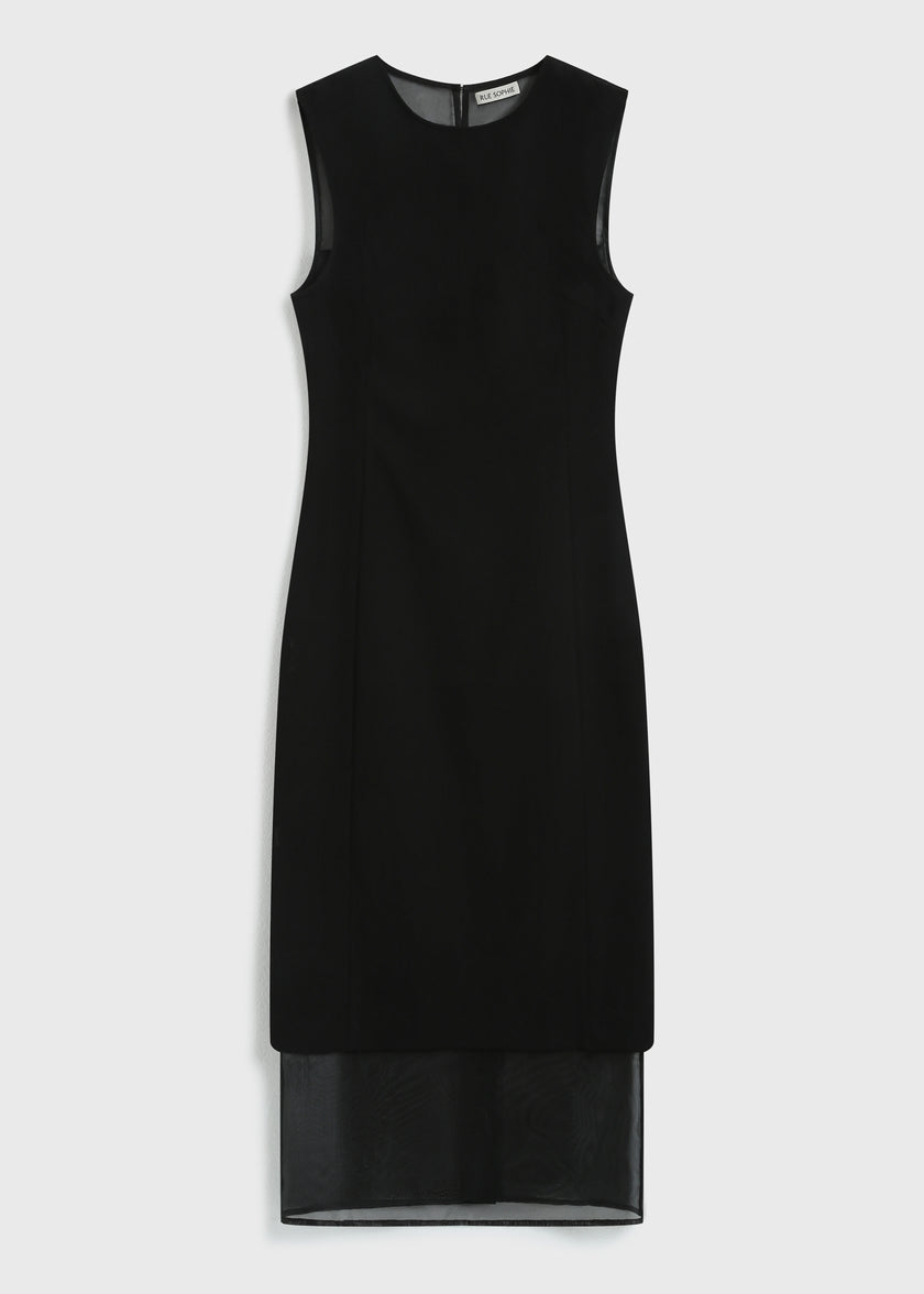 Black Marceau midi dress with organza hem, Rue Sophie design, ideal for versatile wear