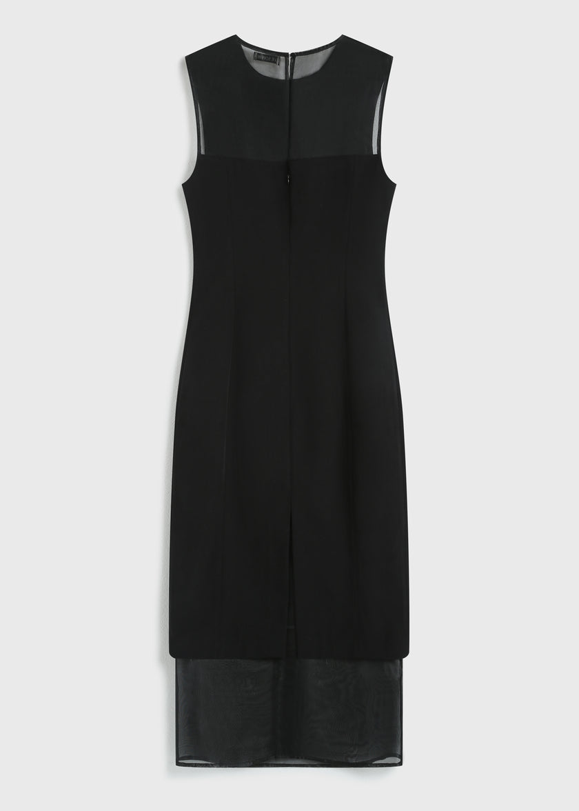 Black Marceau midi dress with sheer yoke and organza hem detail, Rue Sophie design.